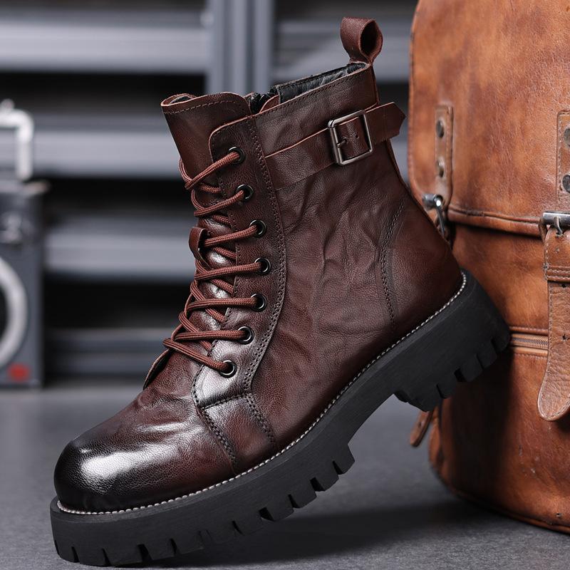 Winter First Layer Sheepskin Martin Boots Men's High-top Cotton Shoes Genuine Leather Men's Locomotive Boots Velvet Warm Trend Men's Shoes