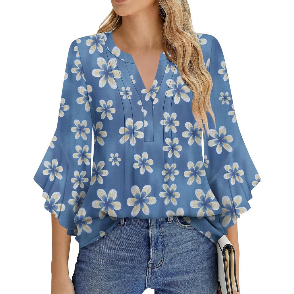 Women's Fashion Casual Pleated V-Neck Solid Color Three-quarter Sleeve T-Shirt Elegant Top
