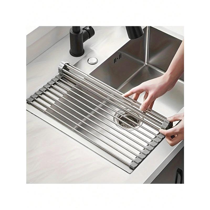 Roll Up Dish Drying Rack, Over The Sink Stainless Steel Multifunctional Dish Drain Rack, Portable Stainless Steel Rolling Rack, Sink Rack Mat