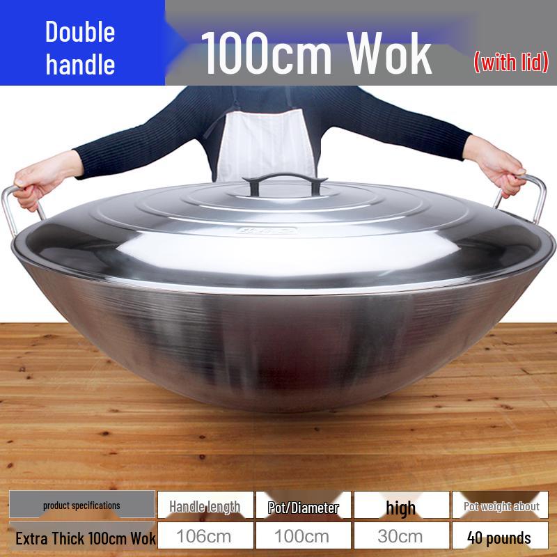 Extra Thick Non-Magnetic Stainless Steel Wok, 34-100cm Round Bottom with Double Ears for Commercial Use
