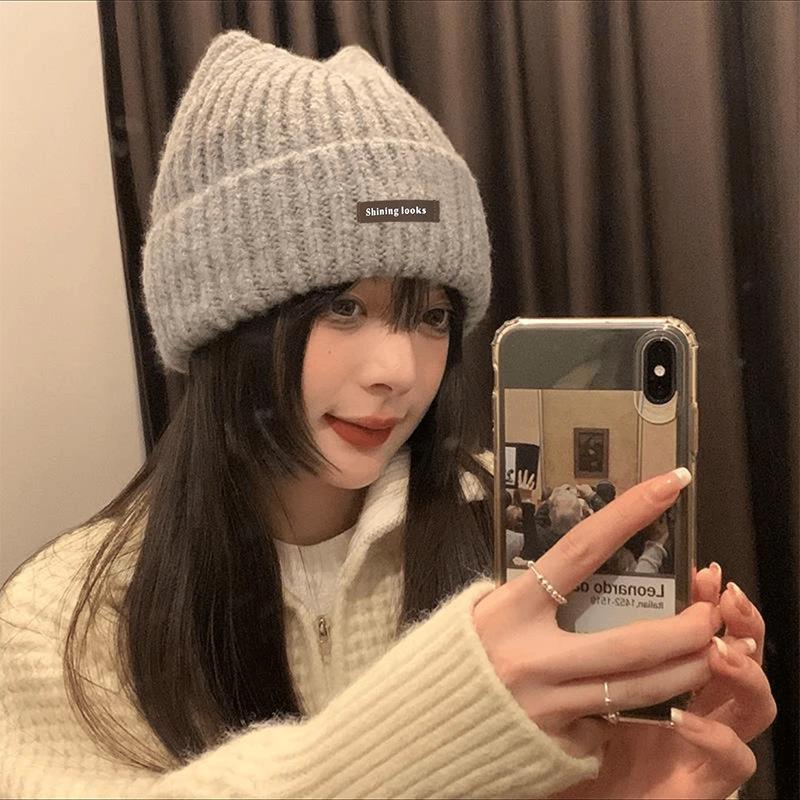 New Autumn and Winter Hat for Women's Letters Cat Ear Knitted Hat  Versatile Face  Small Pullover Hat  Warm Wool Cold Hat  Men