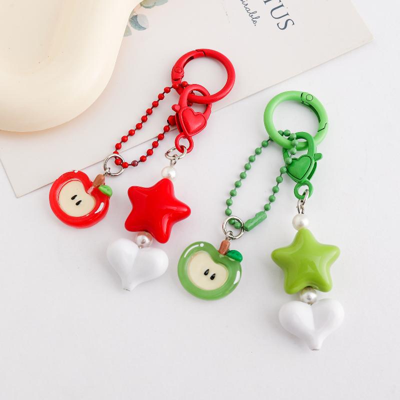 Starfish Beaded Keychain Imitation Pearl Acrylic Pentagram Keyring Girls Earphone Case Phone Decor Ornaments