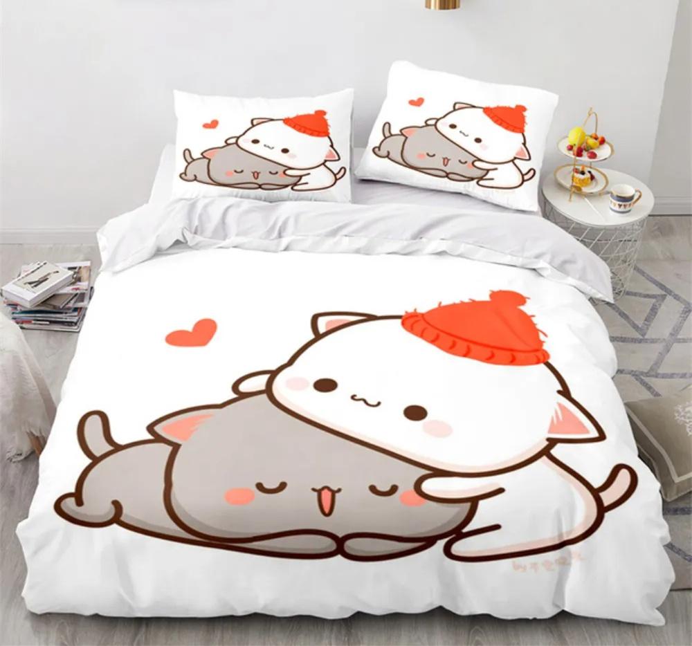 Peach Cat Bedding Quilt Cover Set 3Pcs Bedding Set Goma Cute Cats Duvet Cover Infantil Bedclothes Single Double Queen King Size