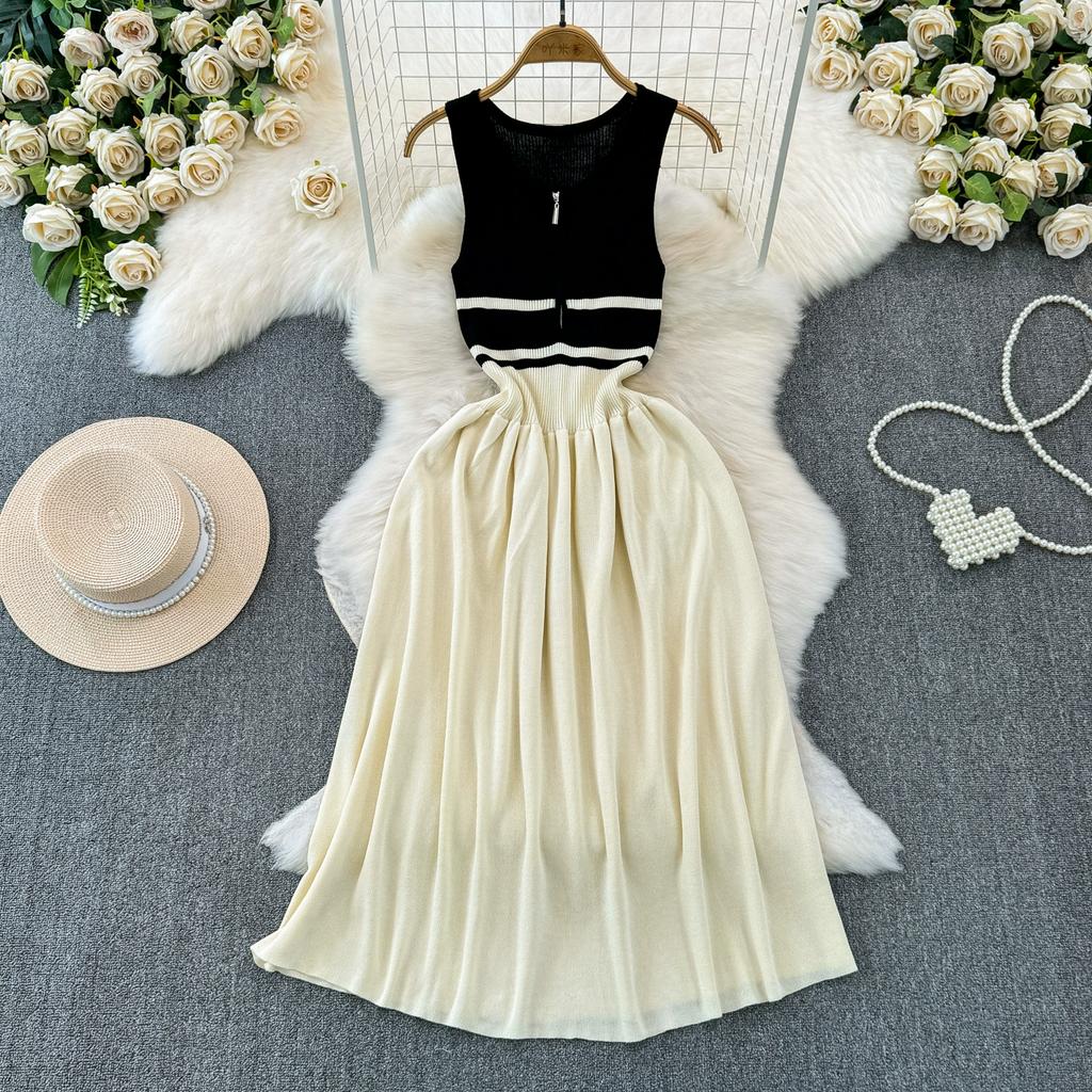 Summer Women Sleeveless Tank Knitted Striped Sweater Zipper Pullover Dresses