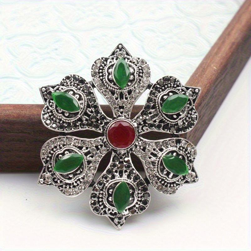 Vintage Floral Crystal Brooch, Antique Silver-Tone Green Red Rhinestone Design, Women s Ethnic Fashion Accessory for Daily Gift