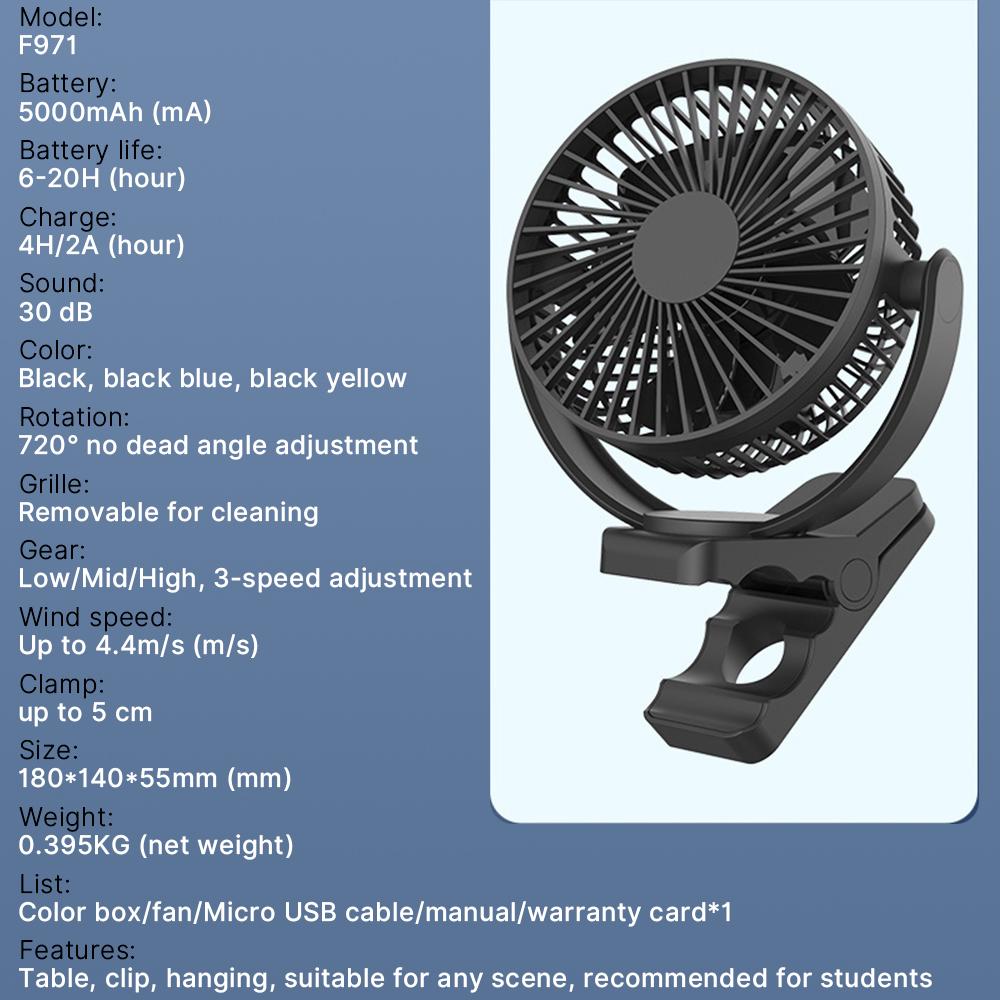 

5 Inch Portable Electric Fan USB Rechargeable 5000mAh Wireless Mini Cooling Clip Desktop Fans Air Cooler for Camping Room Home чорний