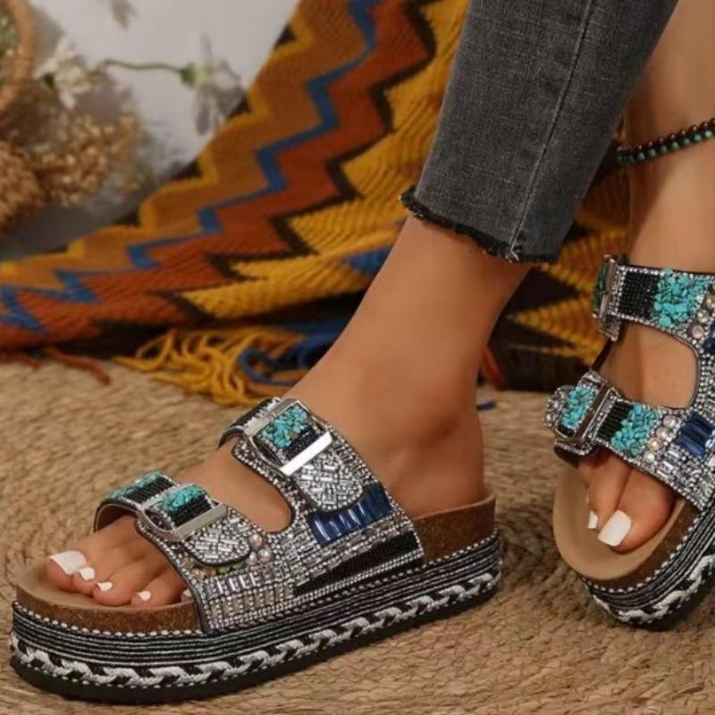 New Style Chunky Sole Hemp Rope Double Buckle Rhinestone Beach Sandals - Plus Size Women's Shoes