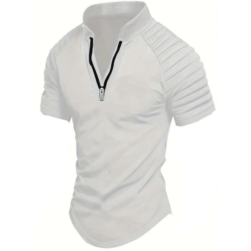 Men's POLO Shirt Spring Sports Solid Color Standing Collar Pleated Zipper Breathable Casual Summer Fashion Top Short Sleeve