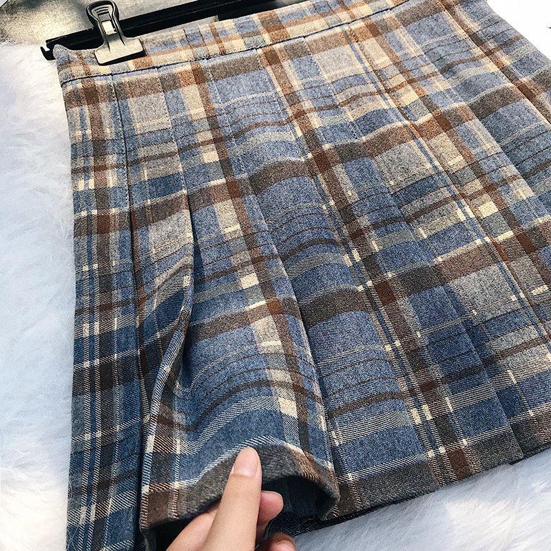 Nowa tweedowa plisowana spódnica w kratę z wysokim stanem, w kształcie litery A, cienka, w dużym rozmiarze, pół ciała