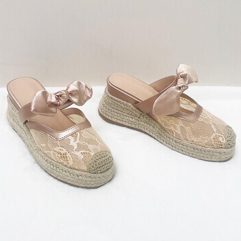 Summer bow lace mesh bag head slippers women's summer wear thick bottom muffin straw bottom temperament