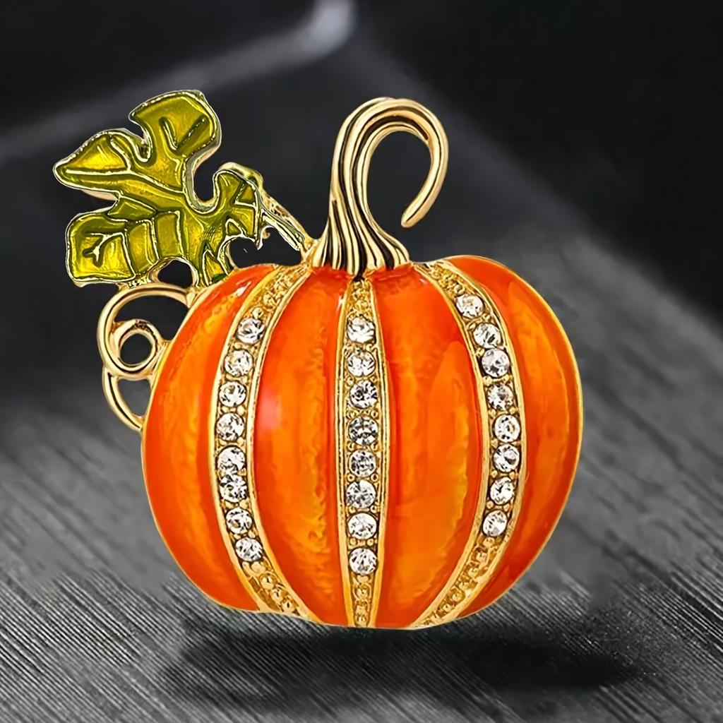 Sparkling Rhinestone Pumpkin Brooch, Enamel Coating Zinc Alloy Material for Halloween and Casual Decoration