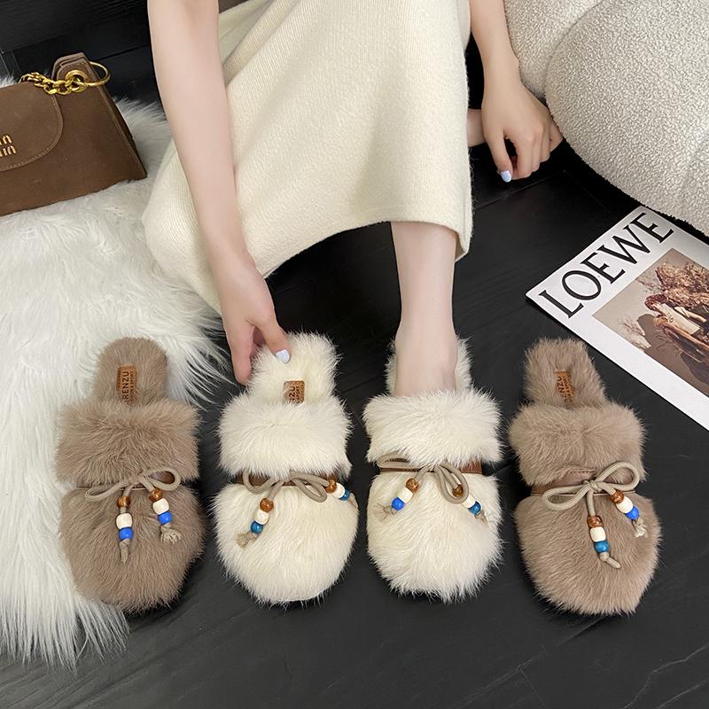 Fashion Winter Women's Fashion Outdoor Non-slip Fur Slippers Cute Style Bow Decoration Flat Bottom Comfortable Baotou Slippers Shoes