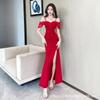 Women's Off Shoulder Short Sleeve Maxi Dress Slim Fit Mid Waist Elegant Mermaid Dress Mesh Patchwork Side Slit Formal Evening Gown