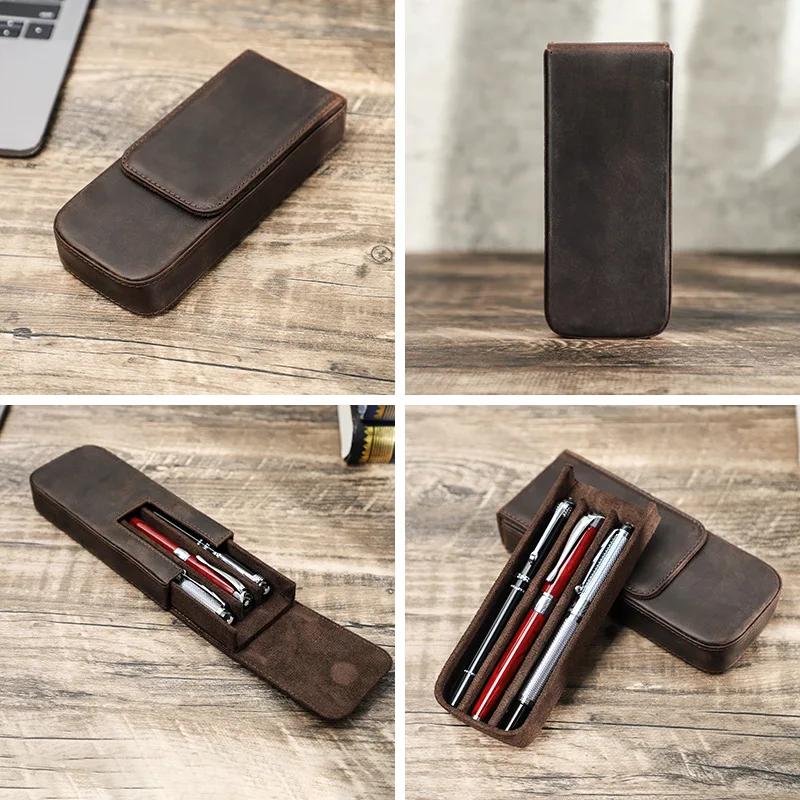 3pcs-slot Geniue Cowhide Pen Pencil Storage Cover Case Box Bags Magnetic Drawer Hand Made Student Accessories Tools Man Gift