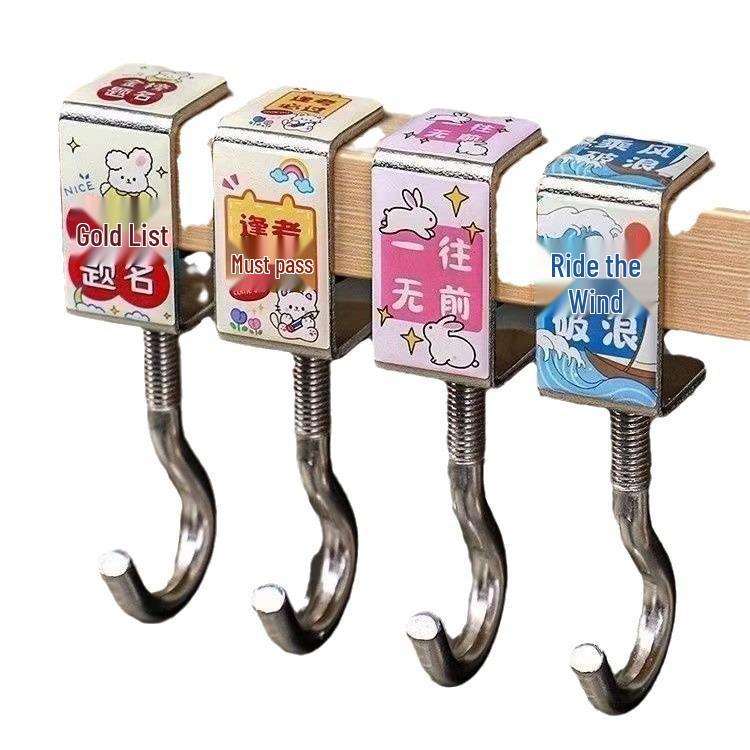 Adjustable Desktop Bag Hook - Punch-Free, Movable Cartoon Backpack Holder for Dorms and Students.
