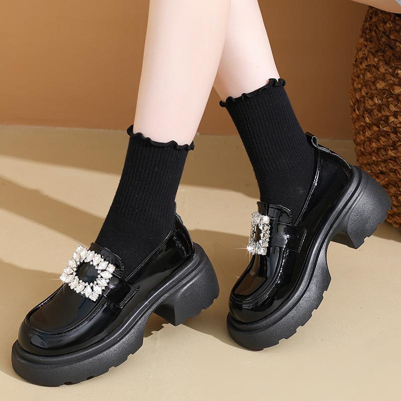 Rhinestone Buckle Loafers Autumn New Round Toe Deep Mouth Platform Non-slip Wear-resistant Block Heel Shoes