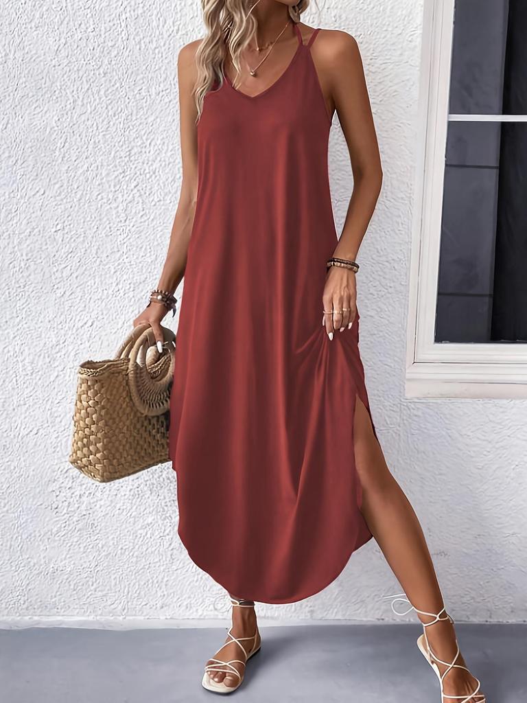 European & American Women's Solid Color Sleeveless Maxi Slip Dress