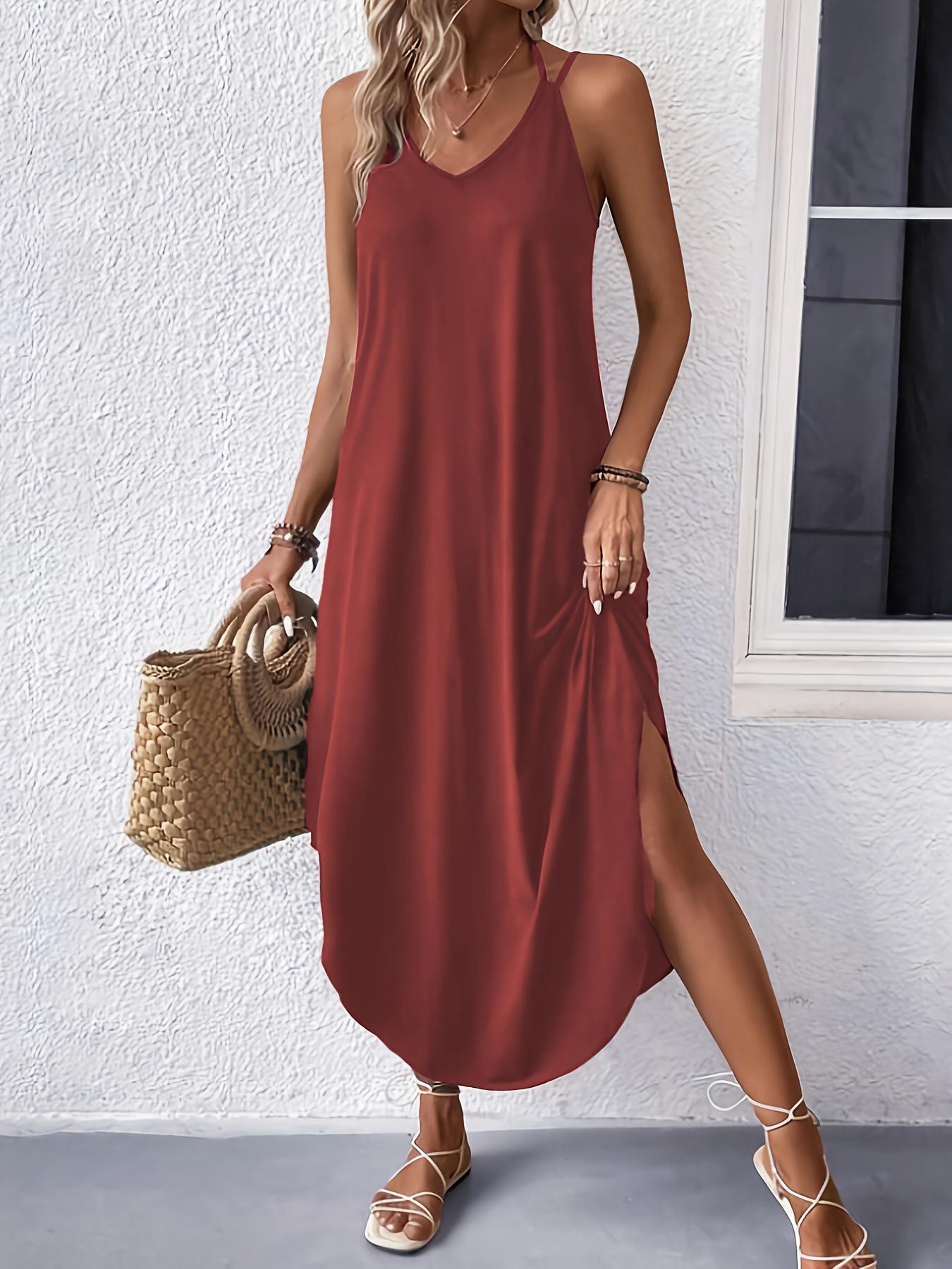 

European & American Women s Solid Color Sleeveless Maxi Slip Dress XXL вина червоного кольору