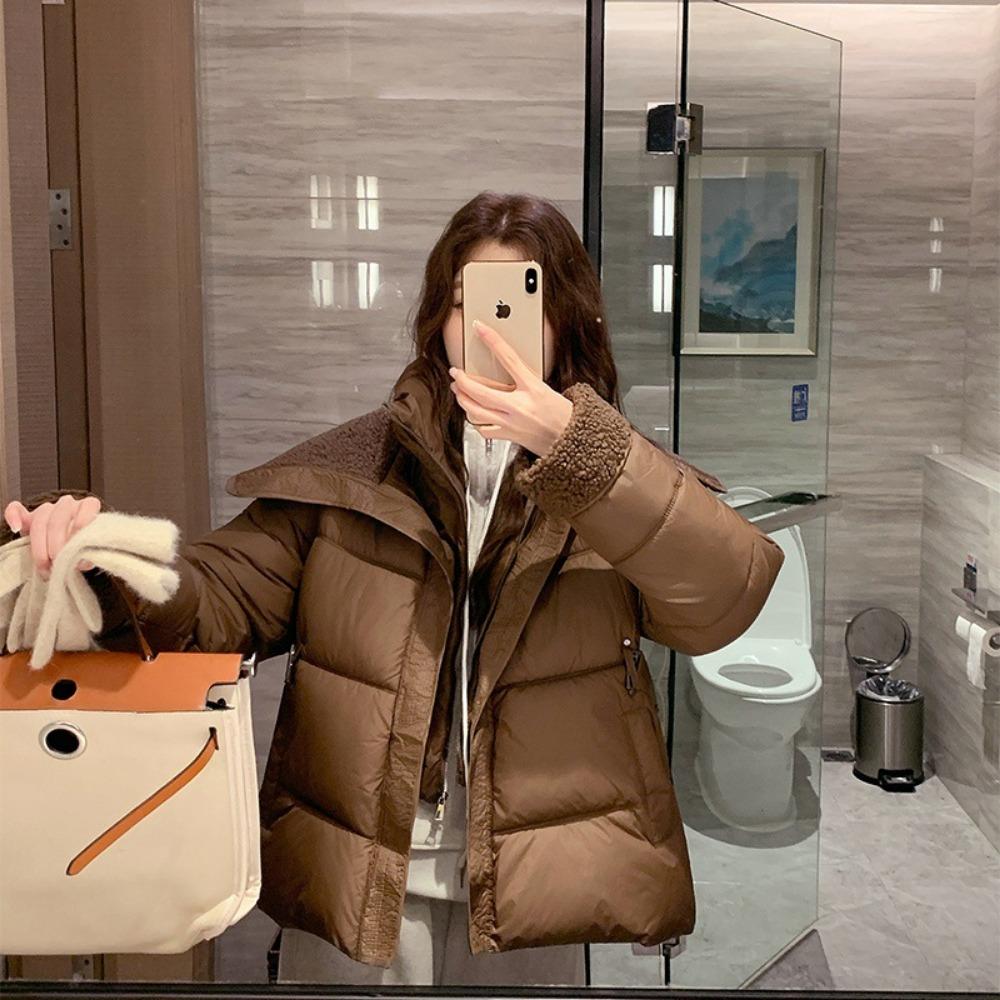 

Короткая хлебная одежда пуховик хлопковая одежда для женской зимы 2025 новая маленькая мужская утолщенная ягненок шерсть сращивание хлопковых курток XL темно-коричневого