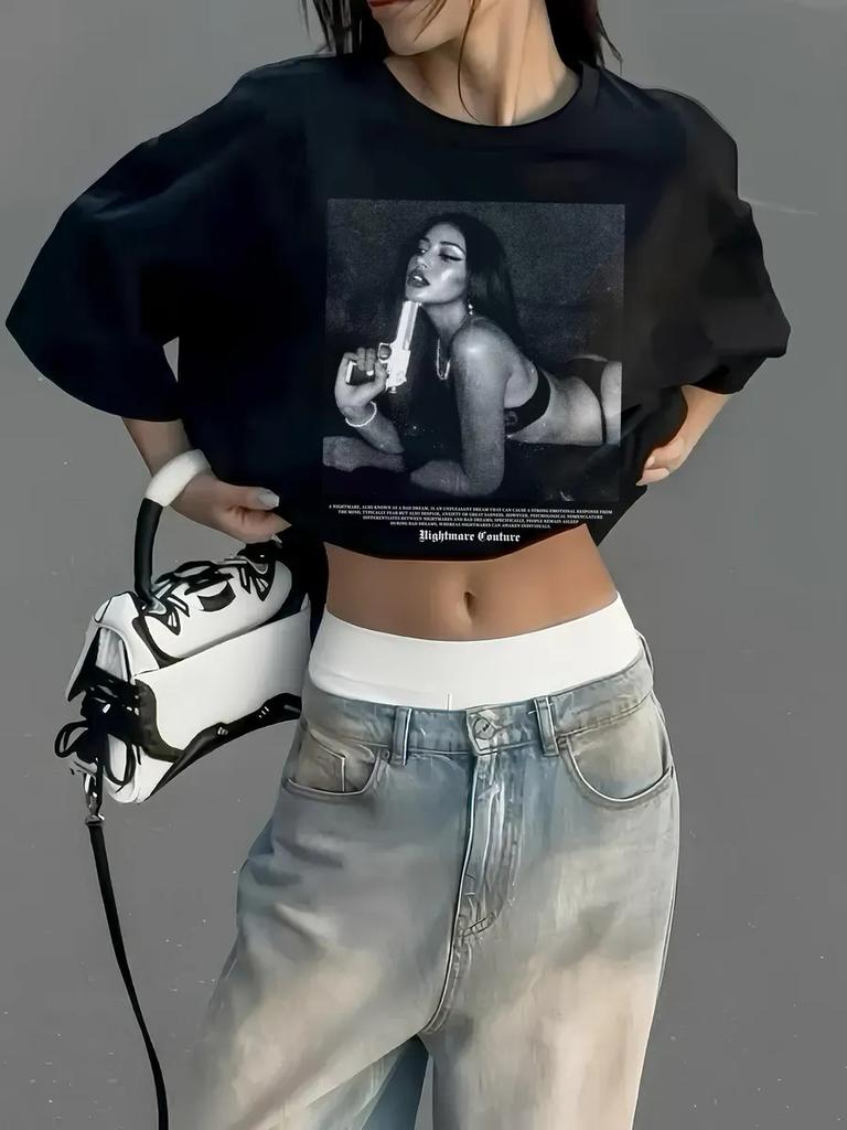 Americanstyle minimalist printed Womens Tshirt summer casual loosefit style fashionable Unisexs and Womens shortsleeved top