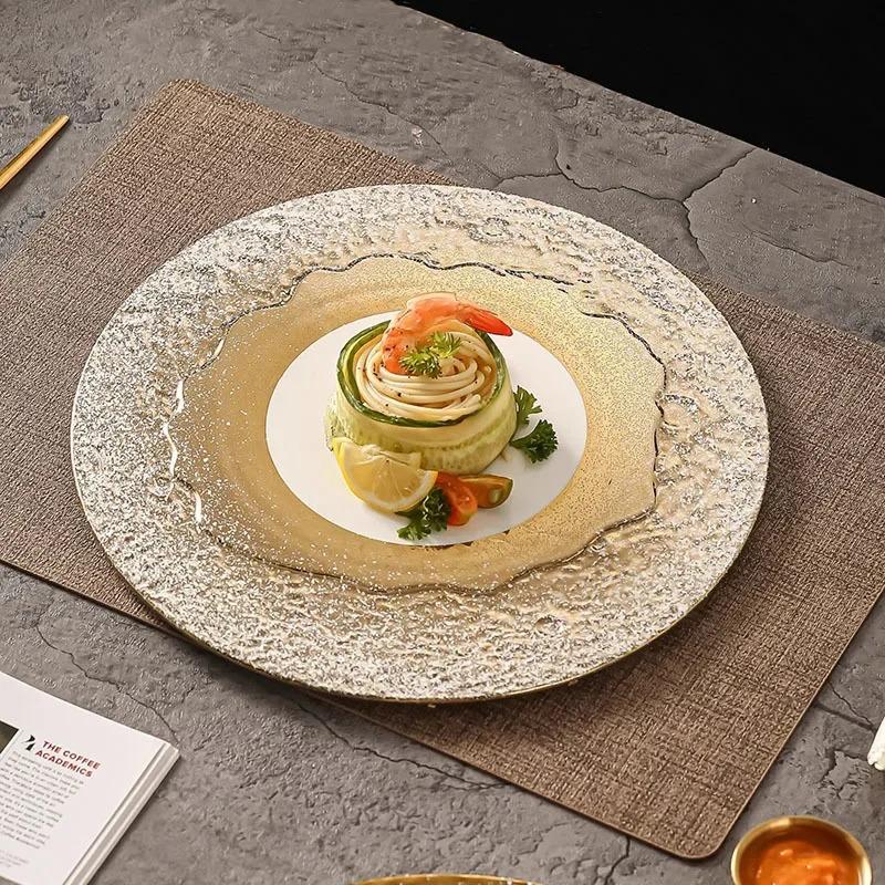 Steingemustertes Weißgold Keramik Flacher Teller Steakteller Dessertteller Sushi-Schale Kochplatten Restaurant Kreatives Geschirr