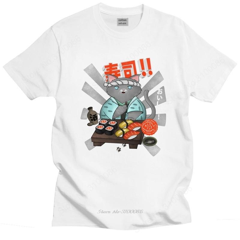 Trendy Mens Vintage Sushi Cat Tee Shirt Short Sleeved Cotton Tshirt Summer Cartoon Tshirt Japan Anime Tops Slim Fit Clothes S