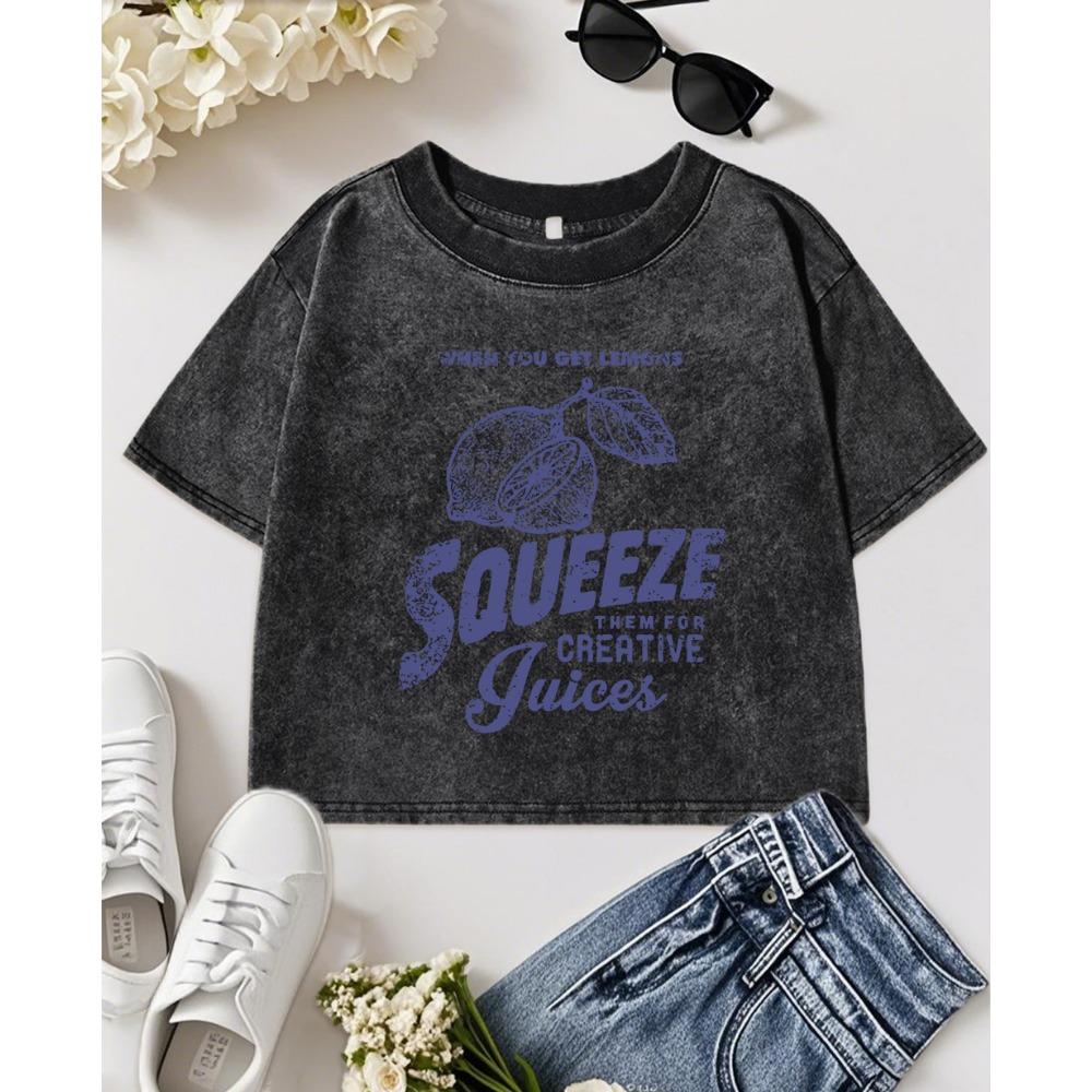 Creative Squeeze Lemon Juices Prints Washed Slim T Shirt Women Y2K Crewneck Short Sleeve Crop Cotton T-Shirt Clothes