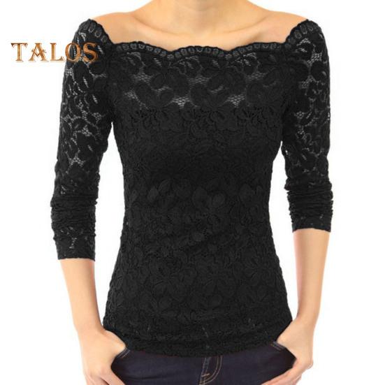 

Женские топы с косым воротником и длинными рукавами, кружевная рубашка, ажурное кружево, сращивание, однотонные, облегающие, с вышитыми кружевными цветами M чёрный