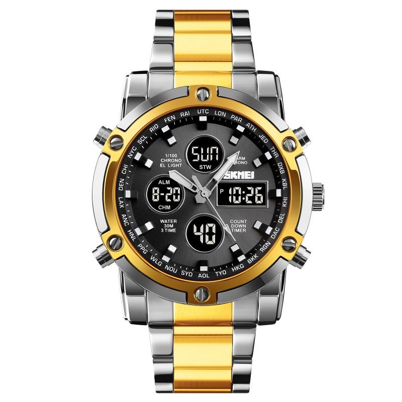 Dual Display Electronic Watch, Multi-function Steel Strap, Large Dial, Three-time Men's Waterproof Watch