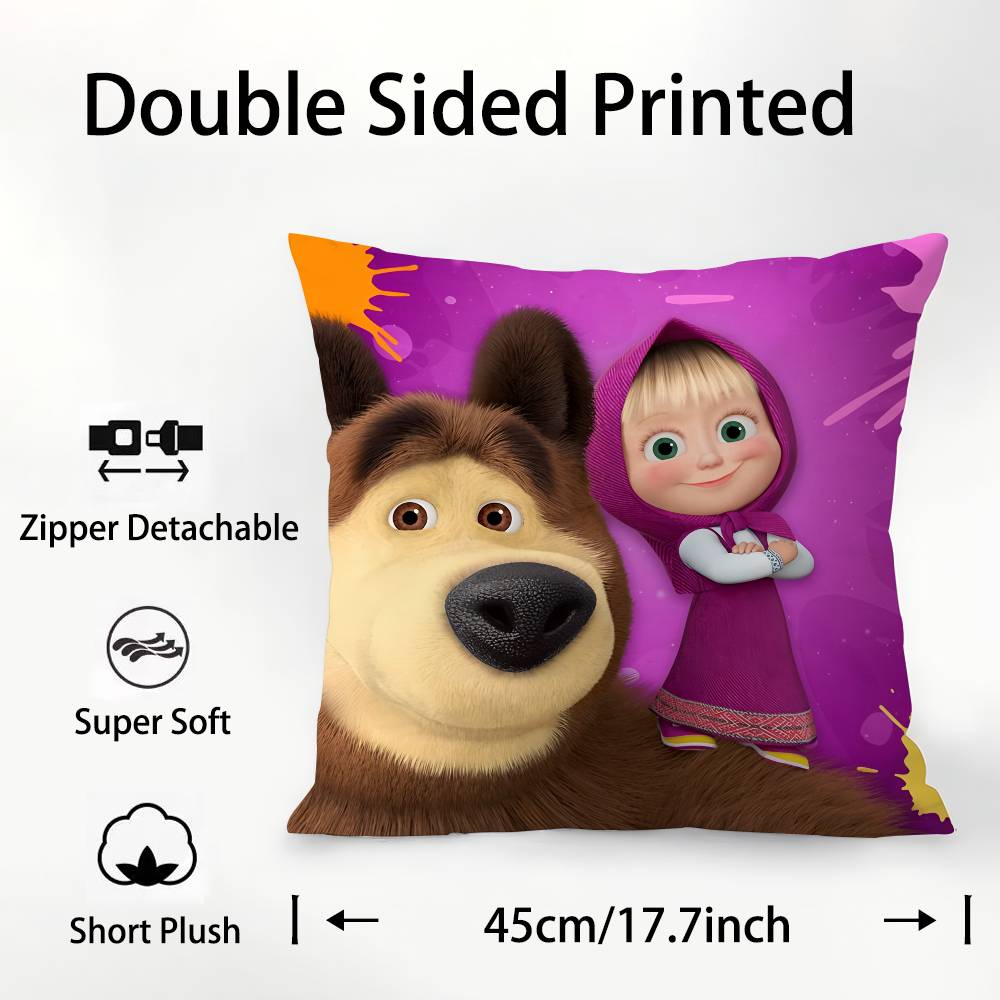 Cartoon Cute M-MashaS And The Bear Pillow Case Square Double‑Sided Print Cushion Case For Sofa Home Bedchamber Decor Gift
