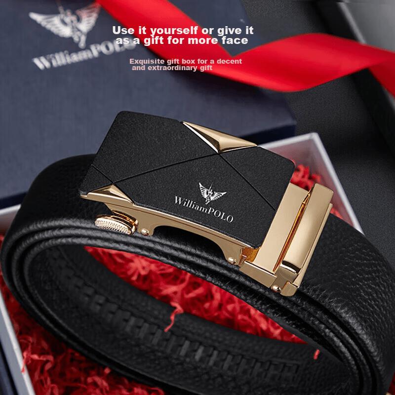 WILLIAMPOLO Men's Leather Belt with Automatic Buckle, Casual Waistband, Top-Grain Cowhide, Gold Color