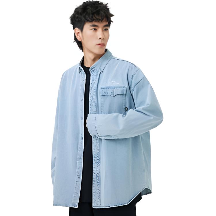 Li Ning Golden Era Washed Letter Pattern Printed Single-Breasted Denim Long Sleeve Shirt Men shirts Light-Blue ASHT023-2