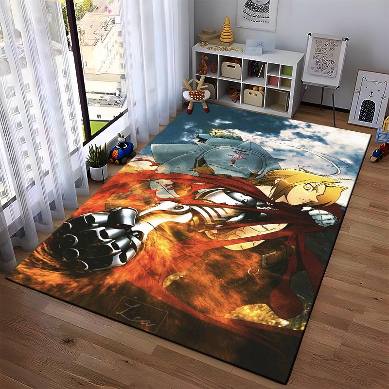 "Anime Style Rug with Warrior and Fire Design, Red and Blue Theme" Suitable for use as an anti-slip for living room bedroom sofas