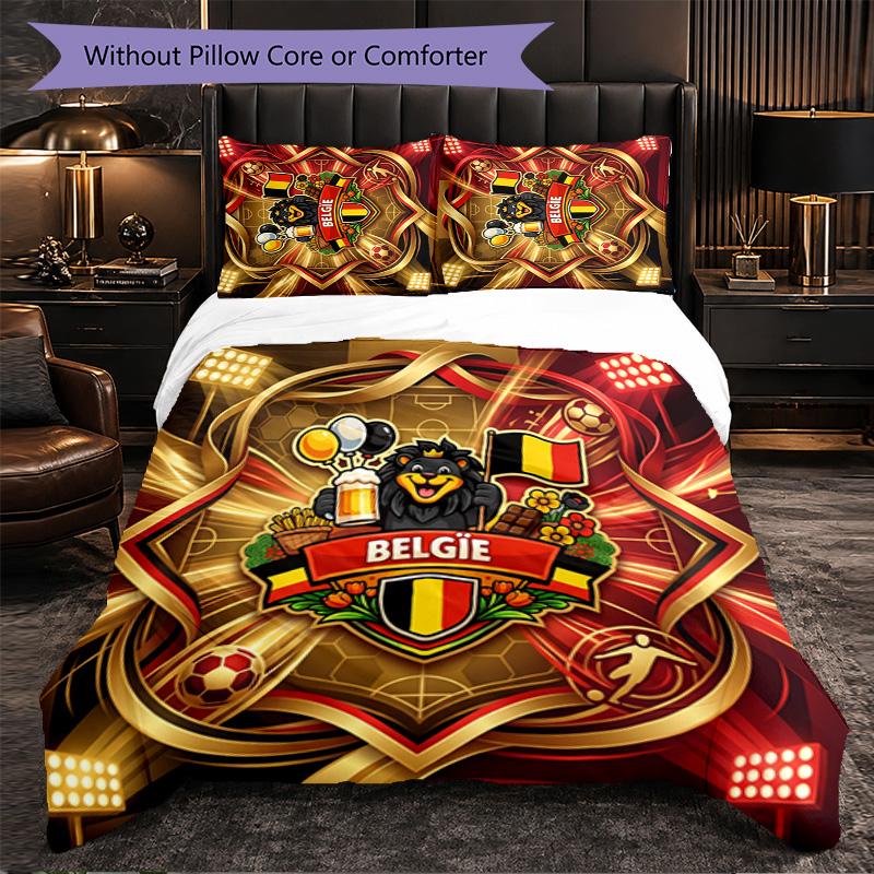 Belgium Football Pattern 3 Pieces Bedding Set Soft Microfiber Duvet Cover with Pillow Cases for Bedroom
