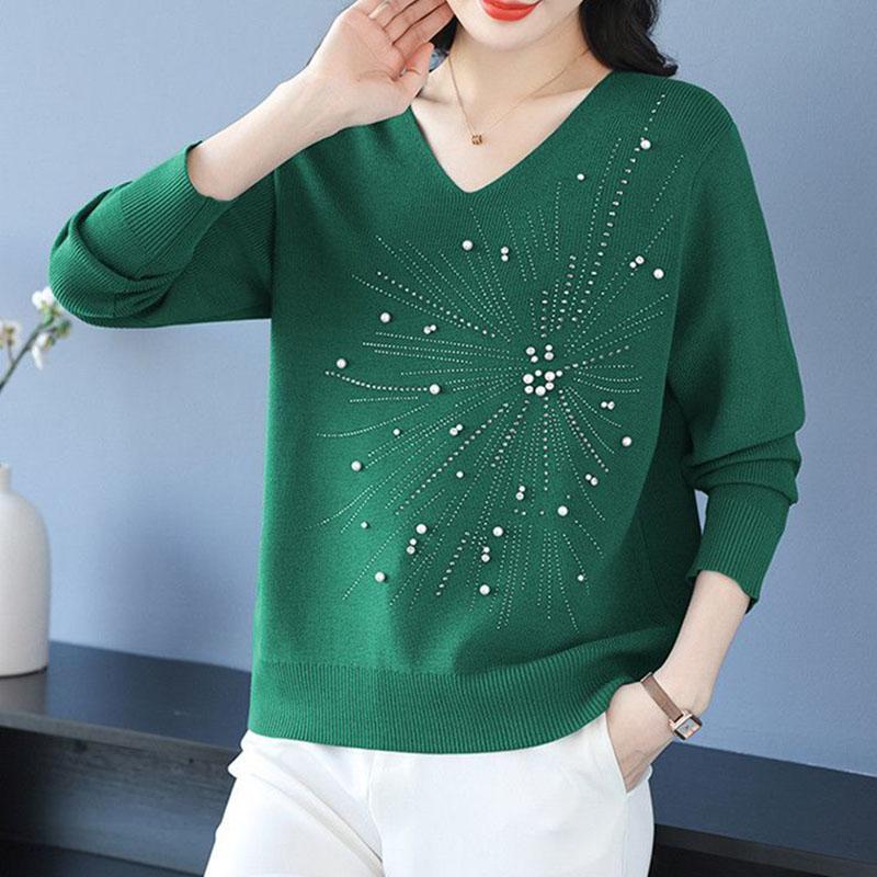 Autumn and Winter Women's V-Neck Sweater Solid Color Loose Beaded Sweater Plus Size Knitted Pullover Top