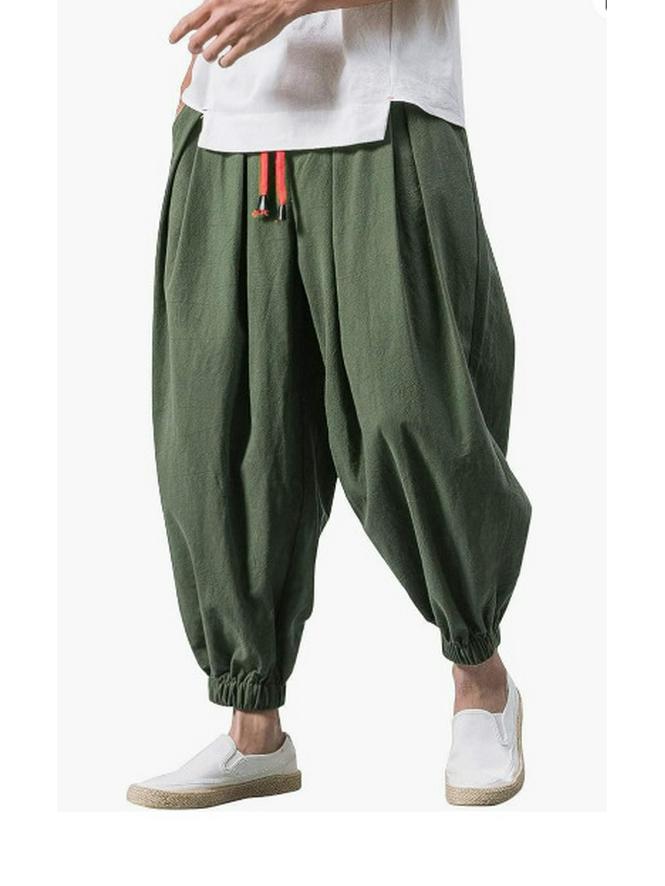 Men's 2025 All-Season Plus Size Cotton Linen Harem Pants with Elastic Ankles - Retro Chinese Style