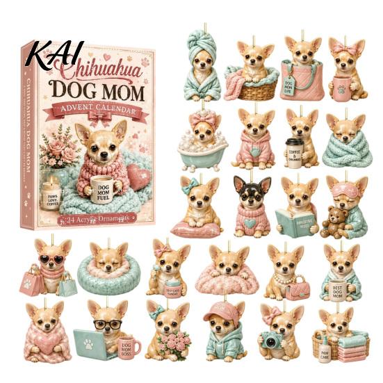Dog Advent Calendar 24 Day Calendar, Cute 2D Flat Chihuahua Hanging Ornaments, Decorative Ornaments for Owners Different Acrylic Pendants Holiday Home