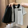 Girls' Trendy Patchwork Lapel T-Shirt & Polo Set - Short-Sleeve, Medium/Large, Versatile Two-Piece Summer Outfit