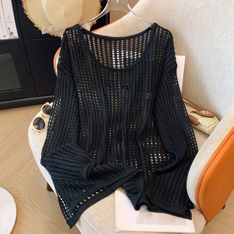 Hollow Knitted Women's Summer Lazy Loose Sun Protection Blouse Round Neck Design Long Sleeve Versatile Tops