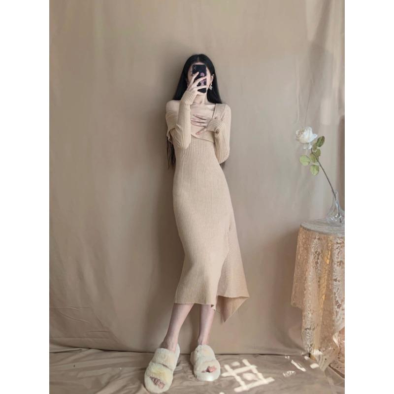 Off-the-shoulder knitted dress, women's autumn temperament, slim-fitting base, split fork with coat, long sweater skirt