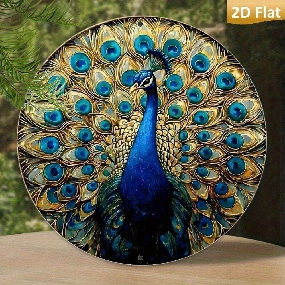 Stained Glass Peacock Metal Wall Art Round Sign Decor