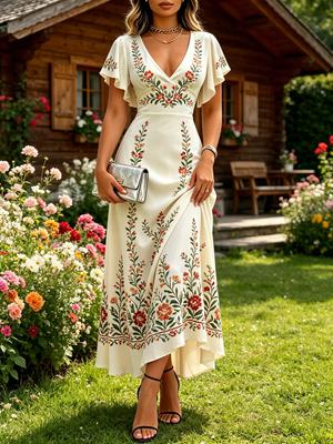 Summer Women's Off-White Ethnic Floral Embroidered V Neck Flutter Sleeve A-Line Maxi Dress Vacation Dress