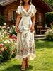 Summer Women's Off-White Ethnic Floral Embroidered V Neck Flutter Sleeve A-Line Maxi Dress Vacation Dress