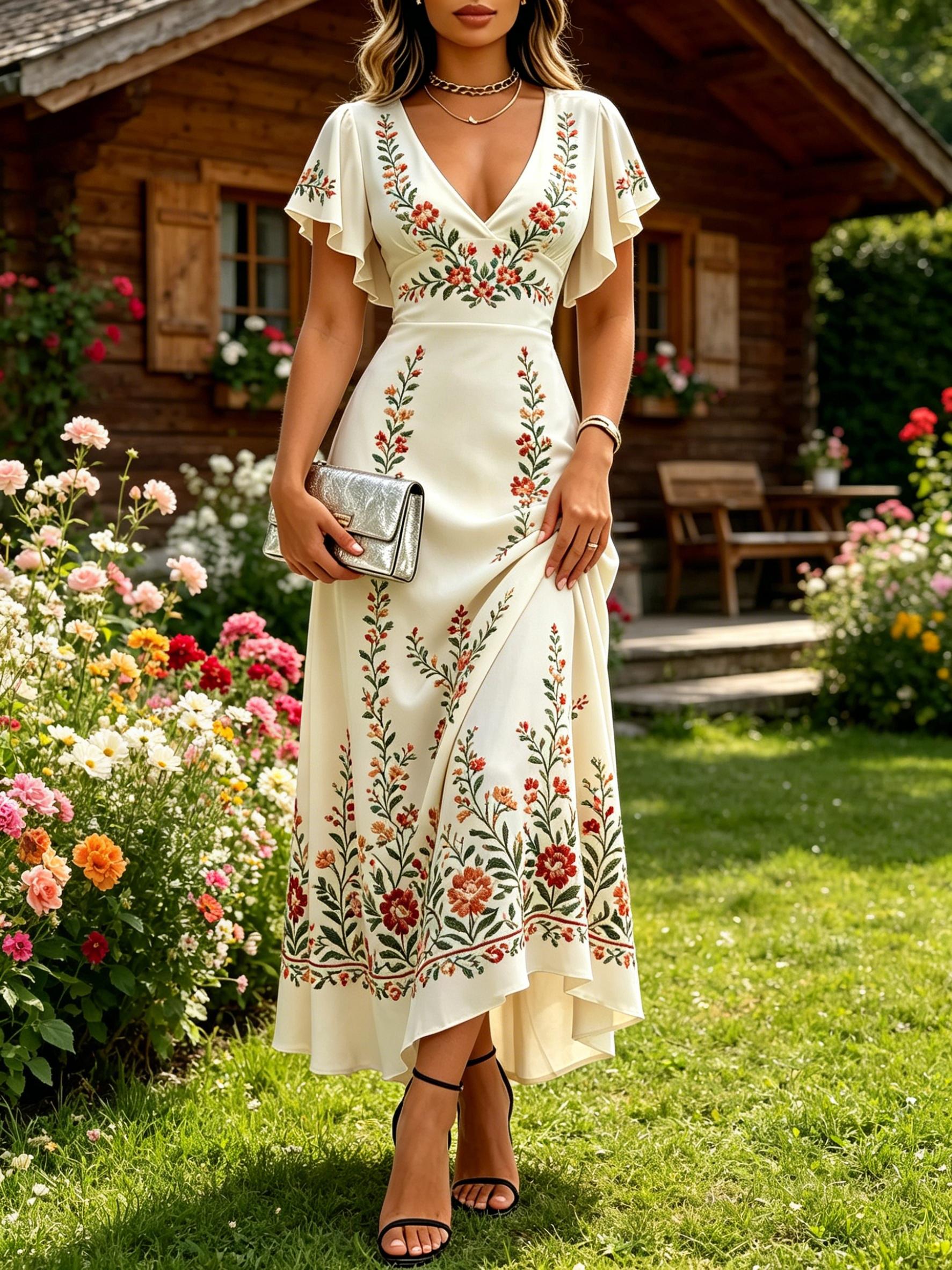 Summer Women s Off-White Ethnic Floral Embroidered V Neck Flutter Sleeve A-Line Maxi Dress Vacation Dress XS