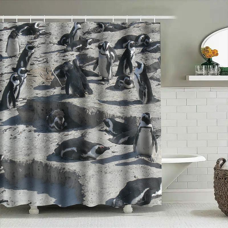 Outdoor Pinguin Duschvorhang Set Wasserdicht Bad Dekoration Heimdekoration Wandkunst Druck Schwarz Weiß Design Größe Anpassbar