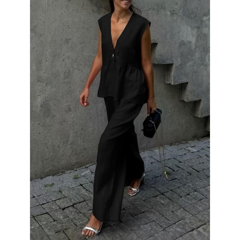 JKASHDK Women's Fashion Casual Summer Spring Solid Color Print Sleeveless V-Neck Trousers Pants Suits