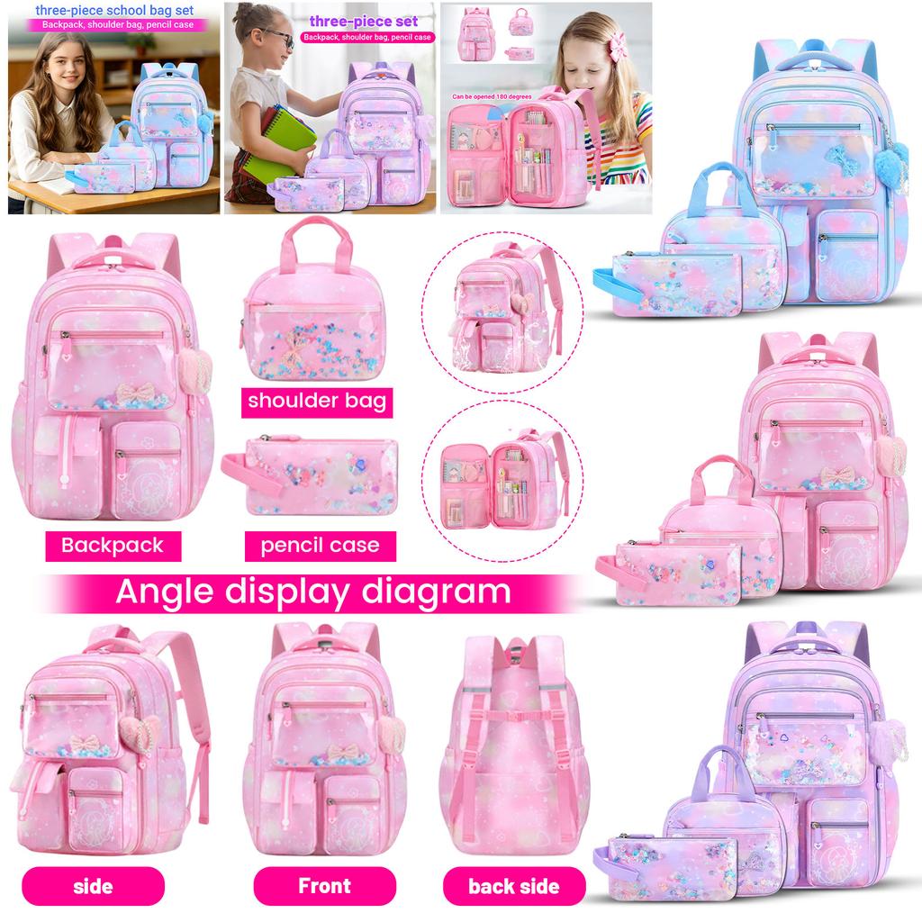Mädchen Rucksack mit Aufdruck, Lunchtasche und Federmäppchen Set