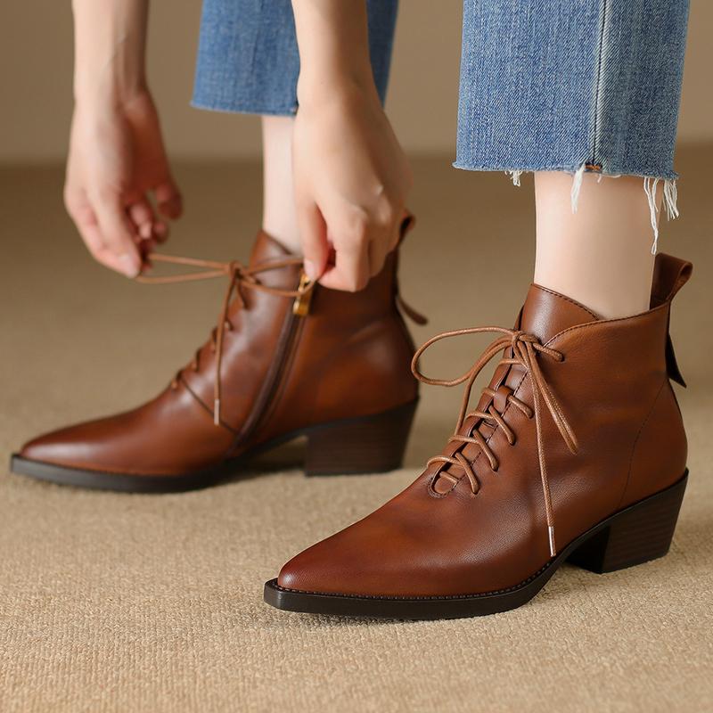 Women Boots Genuine Leather Women's Ankle Boots Zipper Lace Up Pointed Toe Block Heel Western Boots Autumn Winter Womens Shoes