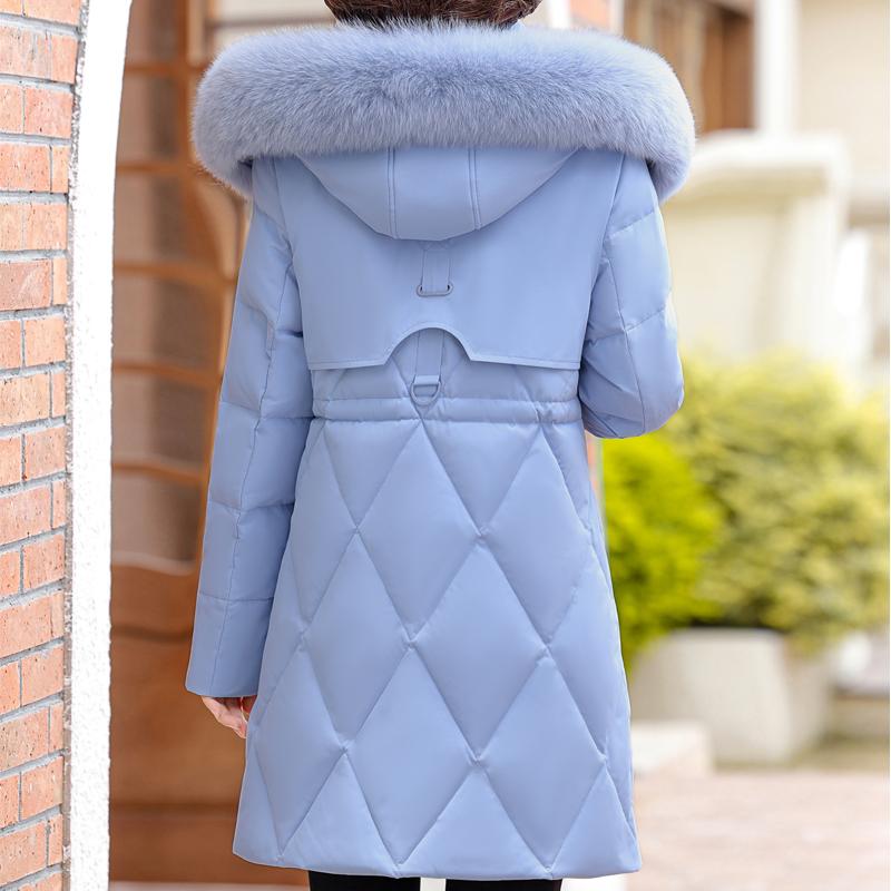 Límec z pravé kožešiny Dámské zimní kabáty z bílého kachního peří pro ženy středního věku Vintage parky plus size s kapucí 2024 Elegantní silné teplé péřové bundy Dámské svrchní oblečení