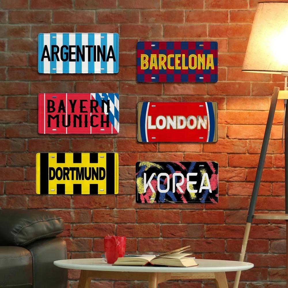 Hisun Tin Sign HD Tin Sign Vintage Football City License Plate Set Metal Wall Art Retro Soccer Team City Decor for Bar Man Cave Sports Fan S